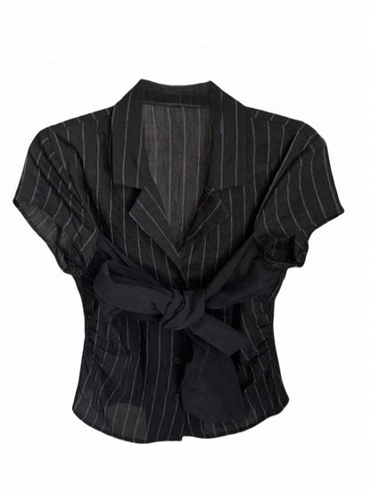 Detail Button Front Placket with Tie Striped Black Bow Shirt