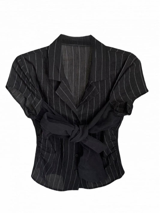 Detail Button Front Placket with Tie Striped Black Bow Shirt