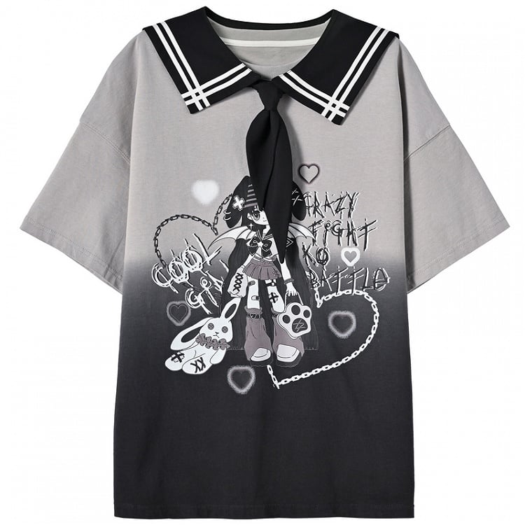 Mädchen Print Farbverlauf Schwarz T-Shirt Y2K Matrosenkragen Punk