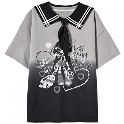 Mädchen Print Farbverlauf Schwarz T-Shirt Y2K Matrosenkragen Punk