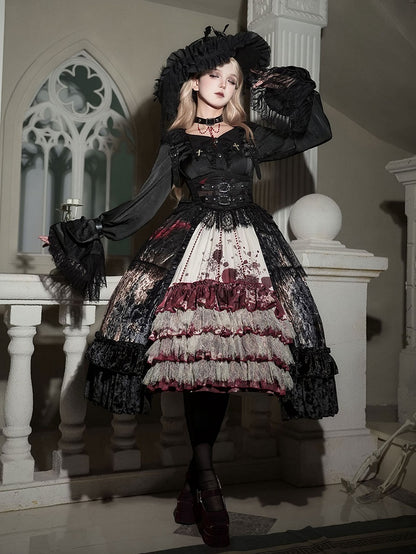Black Pointed Collar Embroidered Cross Gothic Shirt with Arm Straps - Jailbird Hotel