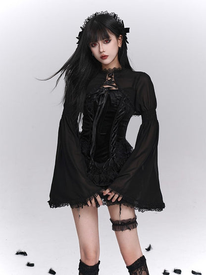 with Black Shrug Bell Sleeves Crop Lace-Trimmed Closure Gothic Cross-Tie