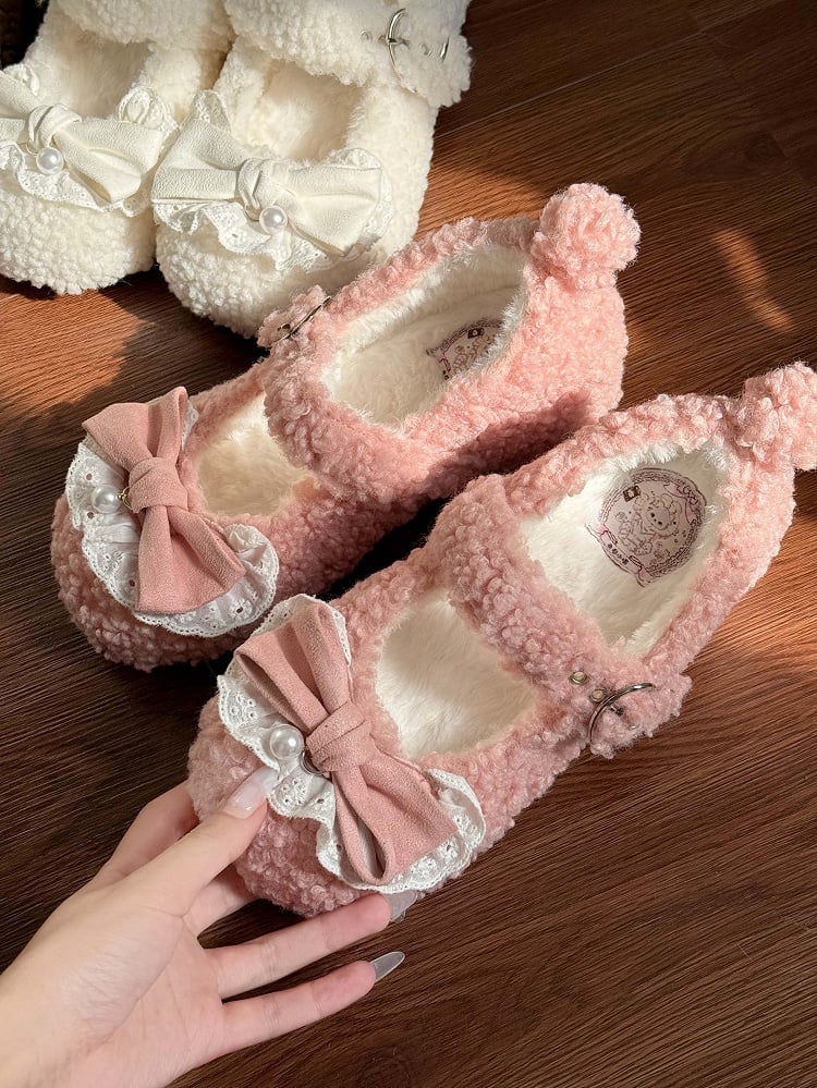 Mary with Jane Bow Shoes Design Plush Tail Decor Pink Lolita Pom-Pom Sweet