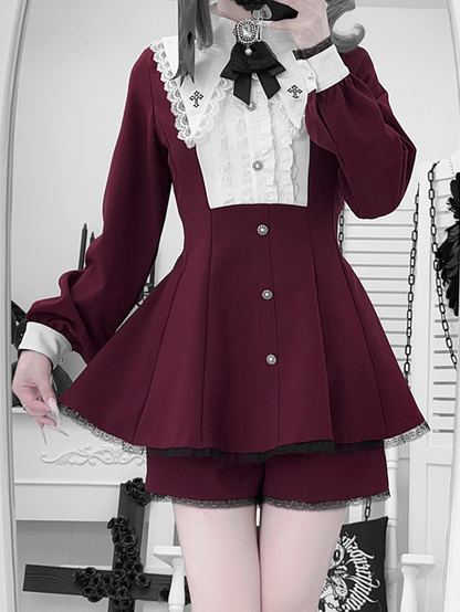 Deep Red Embroidered Set: Pointed with Kei Wine Collar Full Cross Jirai Dress