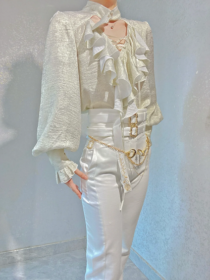 Collar and Sleeves Buckled Off Lolita White Ouji Shirt with Lace-Up Pirate Long Vibes