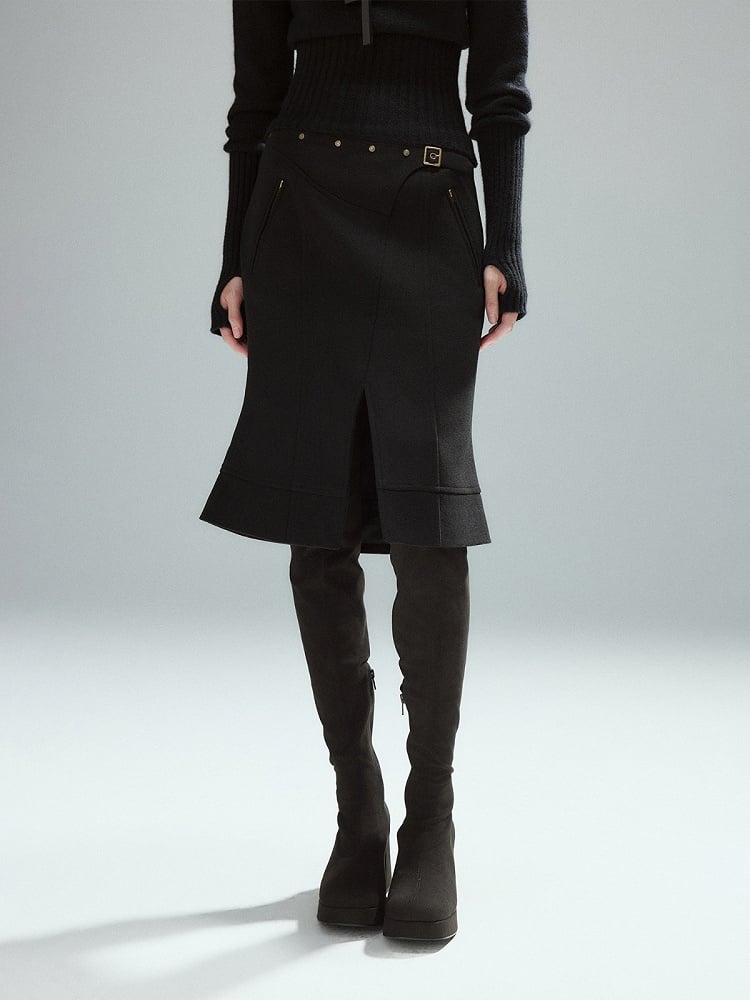 Low Waist Thigh-High Split Half Skirt with Buckle Details - Low pixel