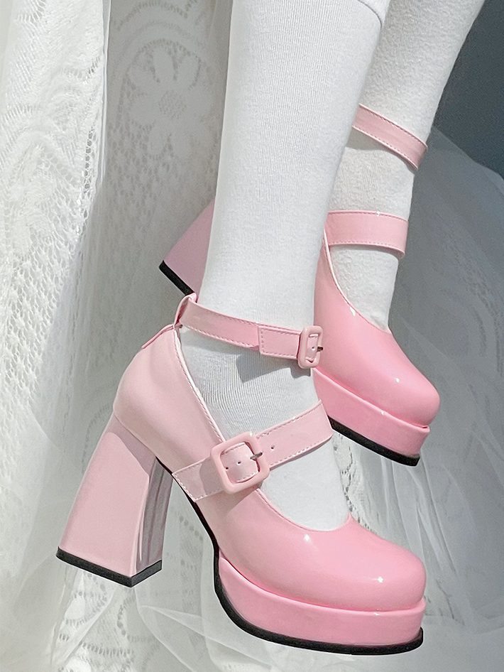 グラデーションピンクの取り外し可能な蝶結びプラットフォームハイブロックヒールロリータシューズ