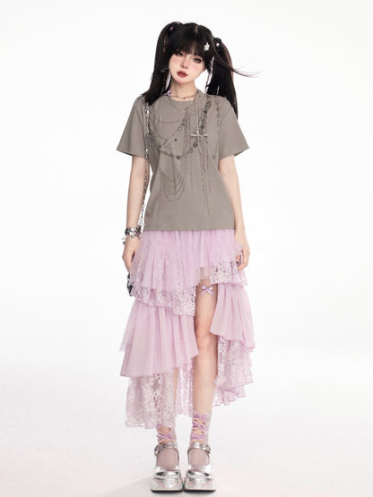 グレーのラウンドネックラインストーンチェーンヴィンテージTシャツ