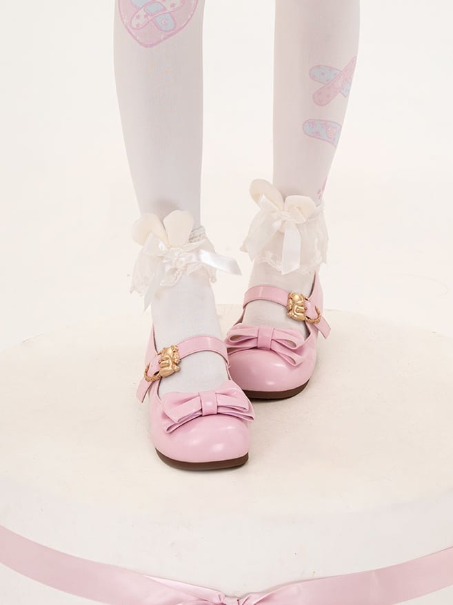 Pink Sweet Flats Bear at with Bow Heart Lolita Top Buckles Hugging