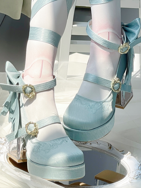 Light Green Koi Fish Charm High Block Heel Satin Platform Mary Janes with Detachable Bowknot - Floating Dream Realm