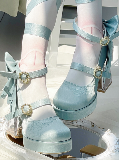 Light Green Koi Fish Charm High Block Heel Satin Platform Mary Janes with Detachable Bowknot - Floating Dream Realm