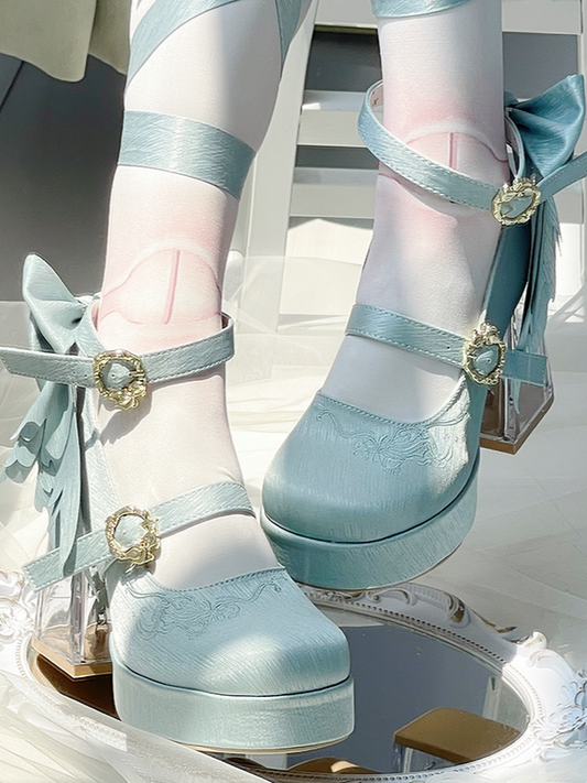 Light Green Koi Fish Charm High Block Heel Satin Platform Mary Janes with Detachable Bowknot - Floating Dream Realm