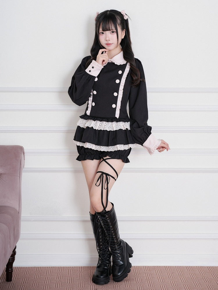 Black & Pink Jirai-Kei Tiered Ruffle Skirt, Lace Trim & Built-In Shorts - No Genki