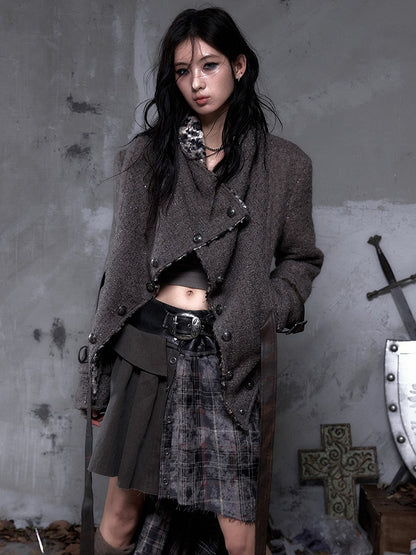 Straps Wool Coat with Tie Vintage Fabric Punk Leopard/Brown PU Reversible