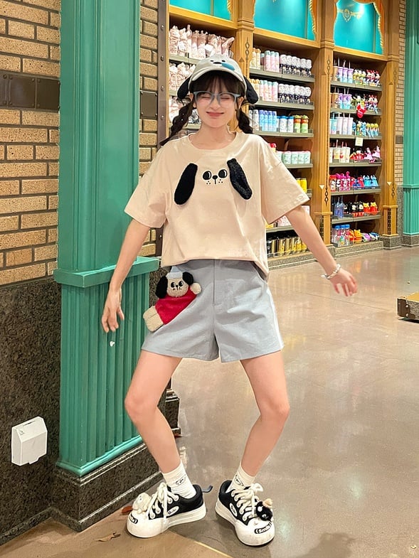 T-Shirt Plüsch Welpenohren Locker Beige Rundhals