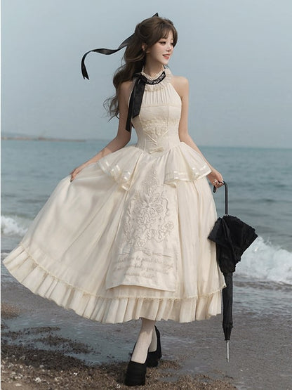 Lolita Neckholder Cremefarbene Detailstickerei Klassisches, zartes rückenfreies Kleid