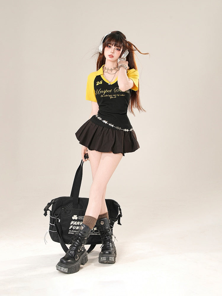 ブラック ゴムウエスト ミニバブルスカート