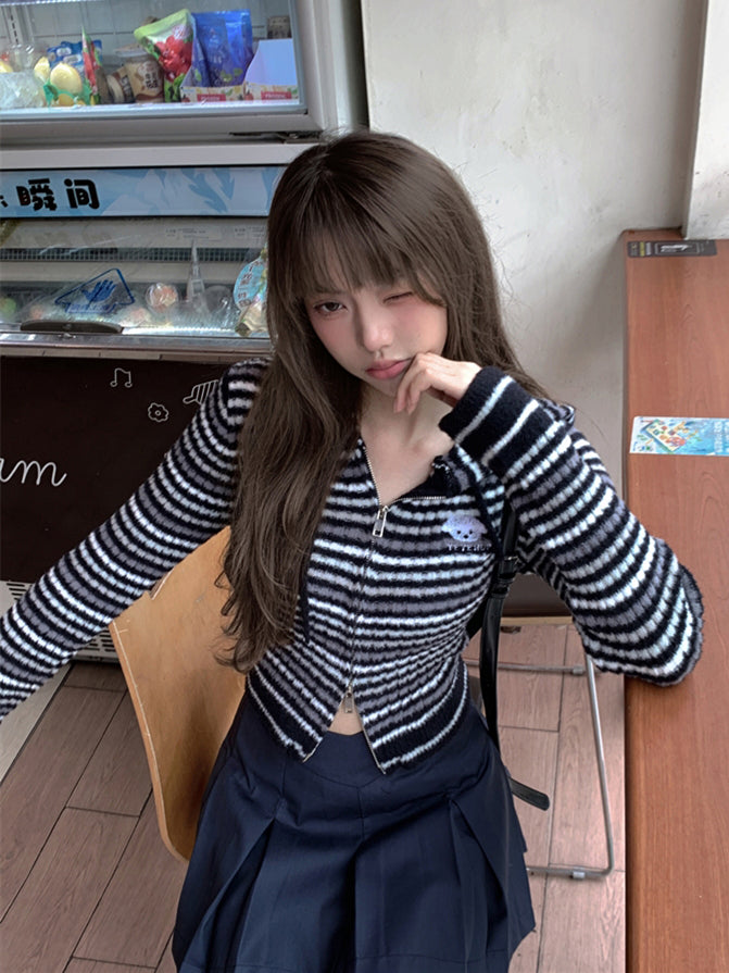 ブラック柄ストライプフードカーディガン / ピンク