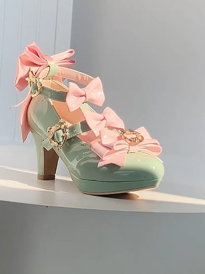 - Hime Snap Intricate Mary Fastener Pink Bow Lolita Details Janes High-heel Green Heart-shaped