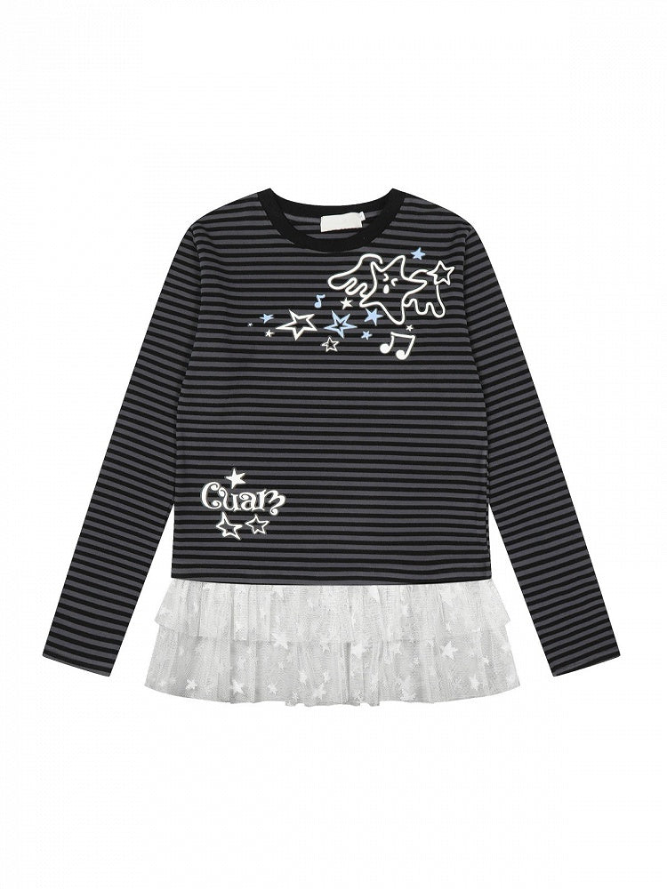 Two Tone Striped Crew Neck Lace Trim Star Top - Solkatt
