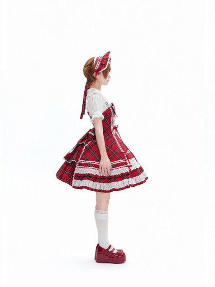 Red-White Plaid Cotton JSK Dress with Ribbon Accent