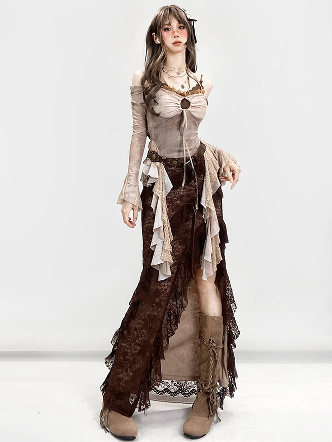 Lace Millard Fashion Asymmetrical Design Glamorous Hem Thigh-high High-low Skirt Brown Trim Slit