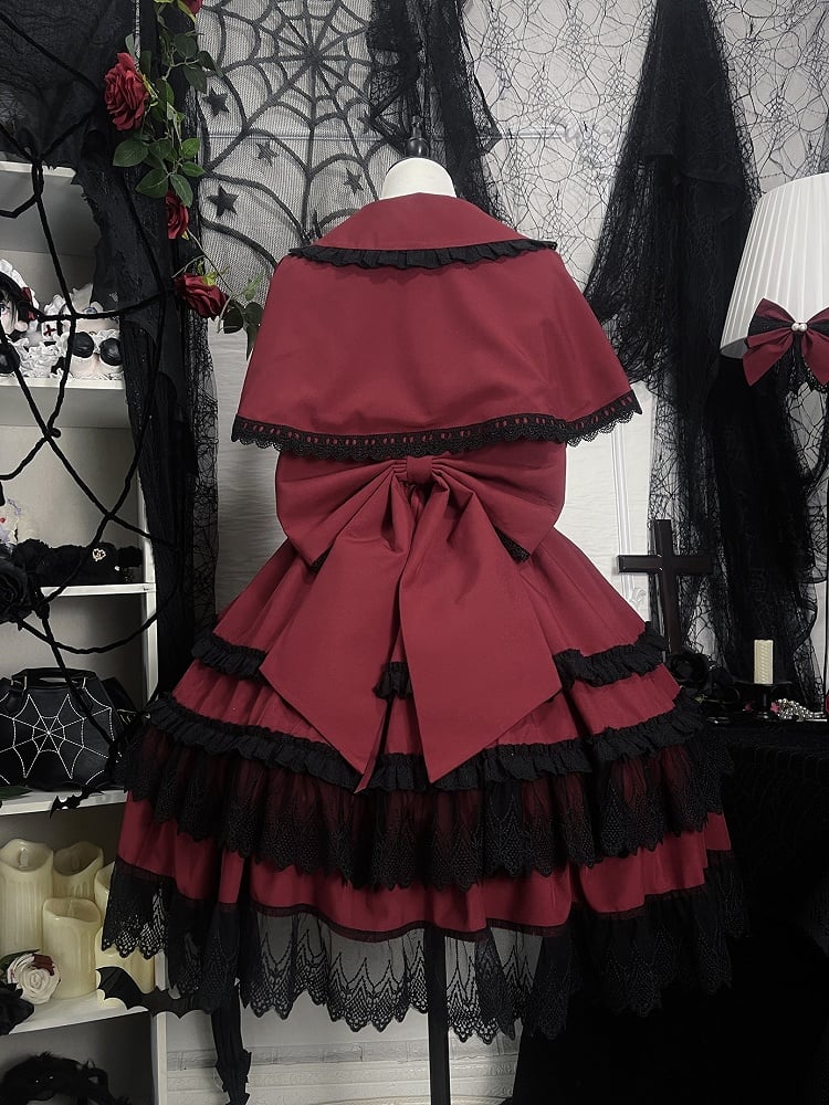 Rot-schwarzes Old School Lolita Fashion Kleid Bowknot JSK Set
