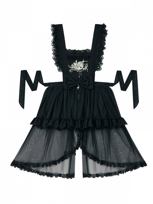 Black Gothic Lace-Trim Overlay with Floral Embroidery & Slit - San Sheng Du