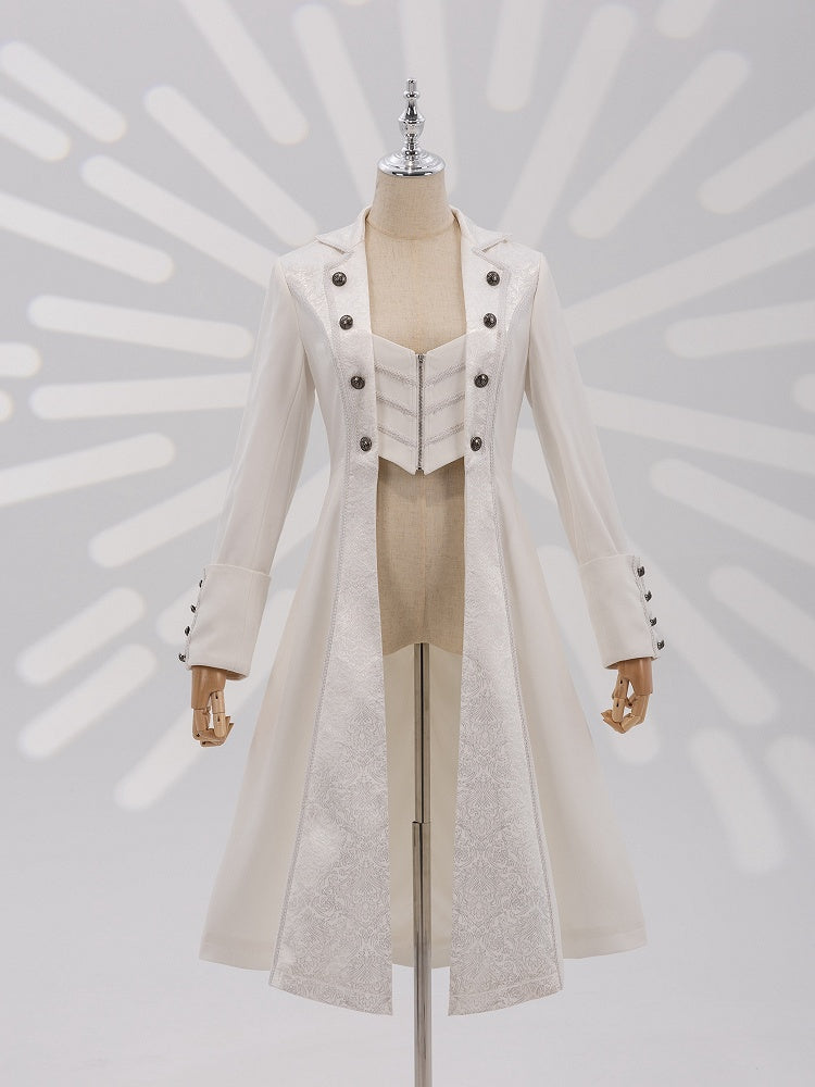 White Jacquard Coat with Zip Closure, Lace-Up Back, and Cutout Detail - DevilInspired Exclusive Collection
