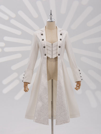 White Jacquard Coat with Zip Closure, Lace-Up Back, and Cutout Detail - DevilInspired Exclusive Collection