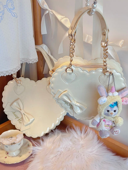 / with Crossbody Heart-shaped Hand - Zipper Bag Sweet PU Lolita Yellow Bow Leather
