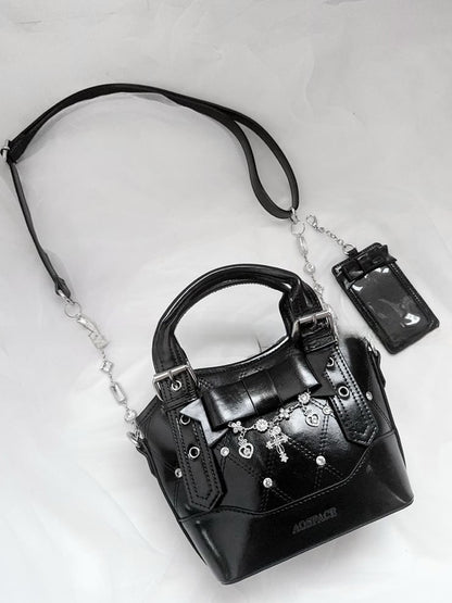 Black/White Chain Jirai Cross PUQuilted Crossbody/Handbagwith Kei Rhinestone