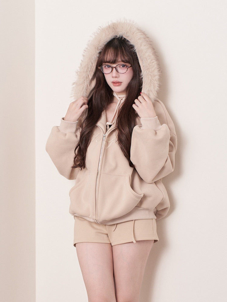 Faux Letter Jirai with Collar Embroidery Knit Jacket Kei Hooded Beige Fur