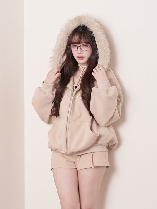 Faux Letter Jirai with Collar Embroidery Knit Jacket Kei Hooded Beige Fur