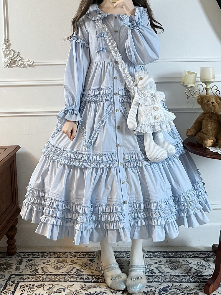 Elegant Dress Sleeves Long Lolita Button-Front with Blue Detail Ruffle Tiered