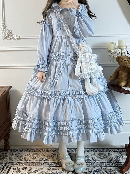 Elegant Dress Sleeves Long Lolita Button-Front with Blue Detail Ruffle Tiered