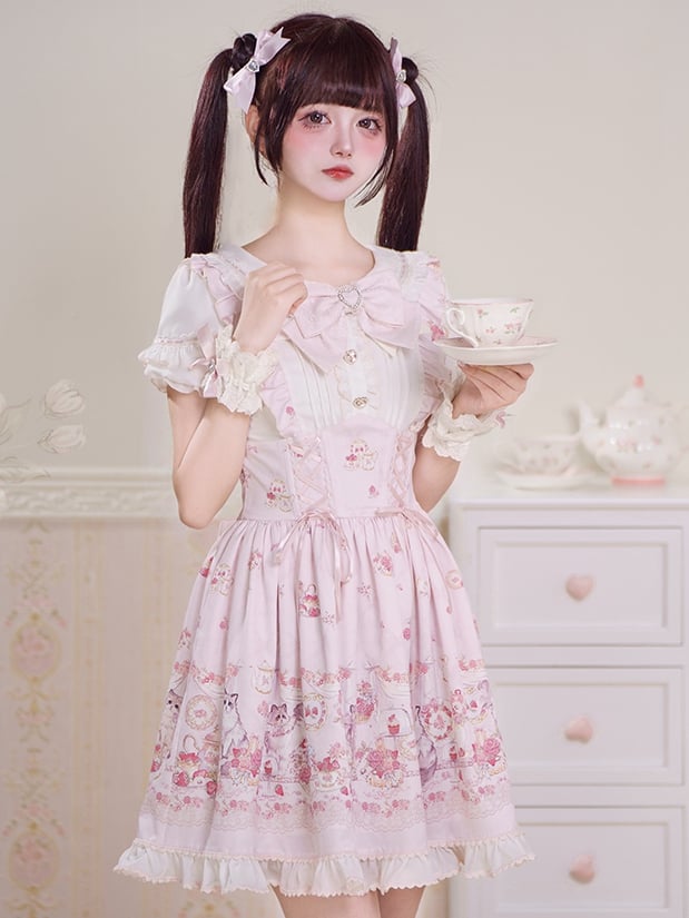 Lace-up Design Sweet Pleating Kei Details Print Pink Cat Jirai