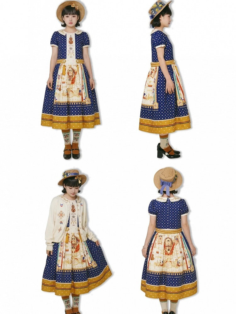 Long Dark Blue Musical Print Peter Pan Collar OP Dress with Tassels - Crucis Universal Tailor Company