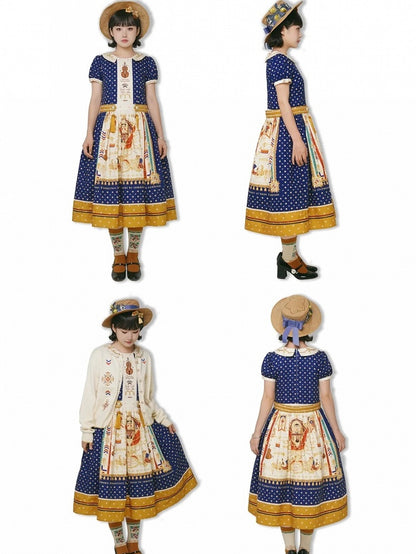 Long Dark Blue Musical Print Peter Pan Collar OP Dress with Tassels - Crucis Universal Tailor Company