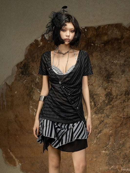 Vintage Punk Black and Gray Striped Cowl Neck Short Sleeve Top with Asymmetrical Cut - ARIADNAw