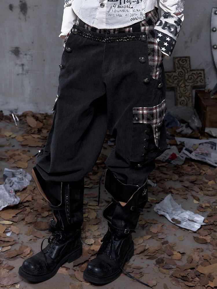 Black Plaid Punk Buttons with Metal Pants Vintage Cargo Patchwork