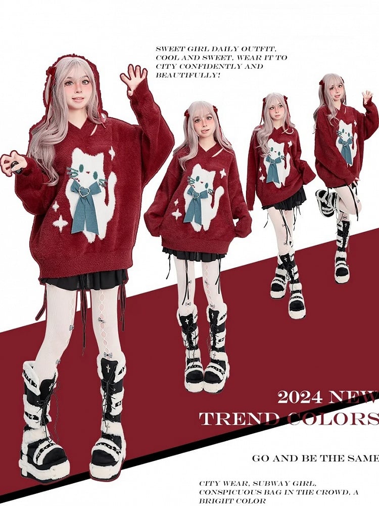 Weicher Pullover mit roter Katze und Schleife im Weihnachts-V-Ausschnitt