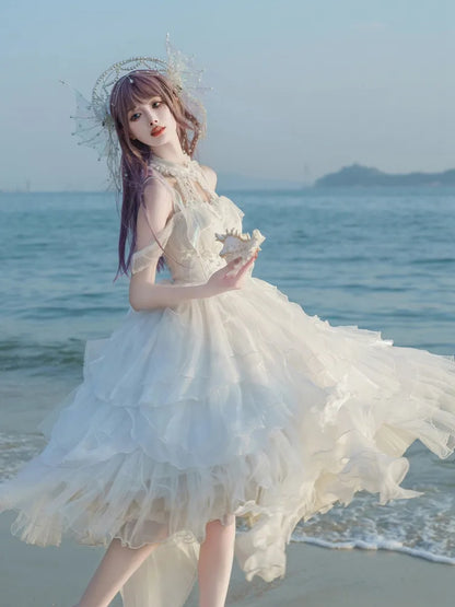 JSK カスケードコルセット レイヤード プリンセス ホワイト シロ フリル ロリータ スカート トリム ドレス