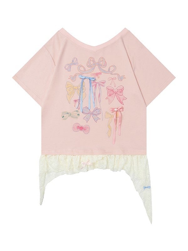 Print Lace Bow Details And Pink With Top Hem