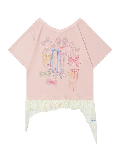 Print Lace Bow Details And Pink With Top Hem