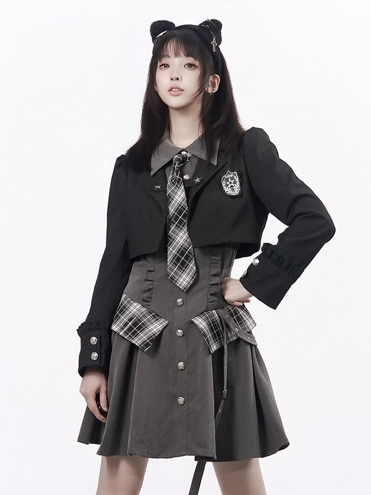 Preppy Striped Black Puff Sleeve Cropped Blazer - PINK SAVIOR