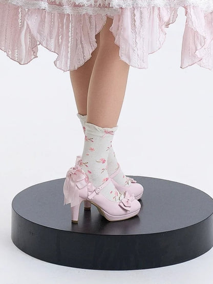 Trim Mary Toe Top Bow Pointed Pink High Lolita - Ruffles Heel at Janes Hime