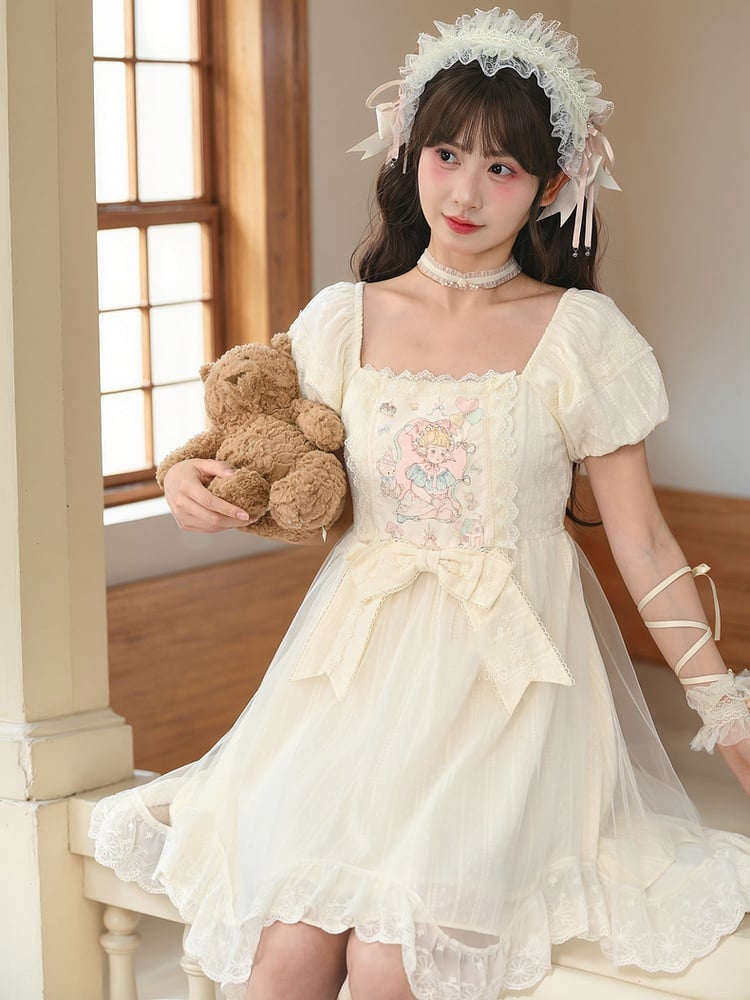 Puff-Lolita-Kleid, große Taille und Märchendruck, Aprikose, quadratisch, lässige Ärmel, Schleife, kurzer, süßer Ausschnitt
