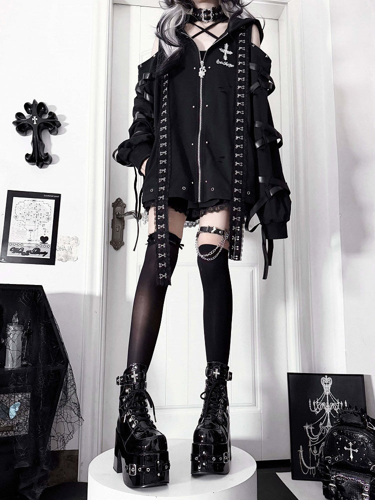 Bittersweet Buckled Lace-Up Ankle Boots in Black PU with Cross Accents, Inner Zip & High Block Heels - Transfer Student
