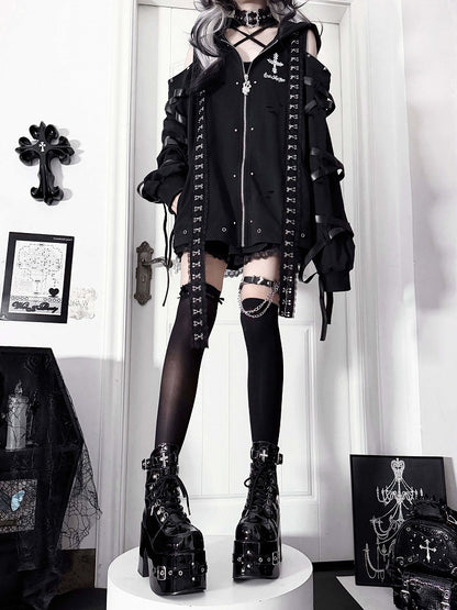 Bittersweet Buckled Lace-Up Ankle Boots in Black PU with Cross Accents, Inner Zip & High Block Heels - Transfer Student